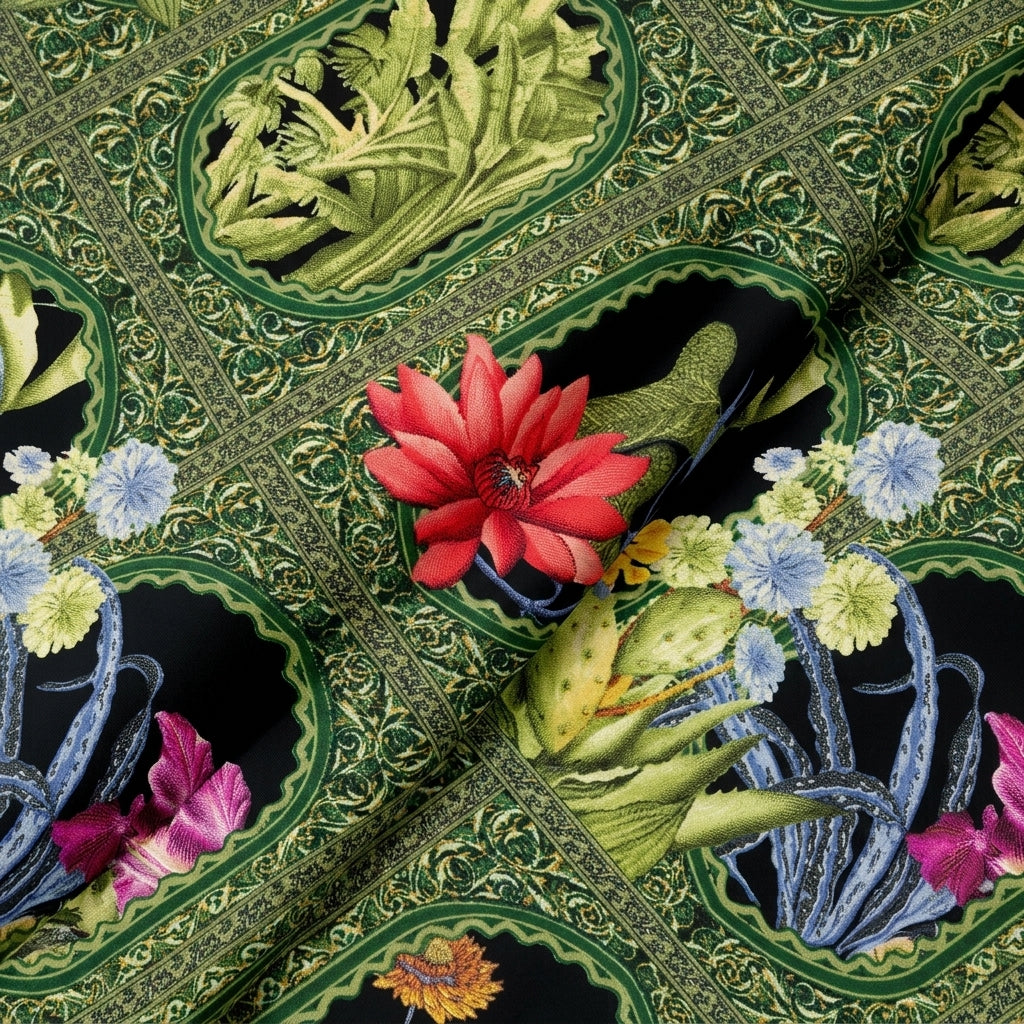 Folded Floral Green Floral Crepe Fabric