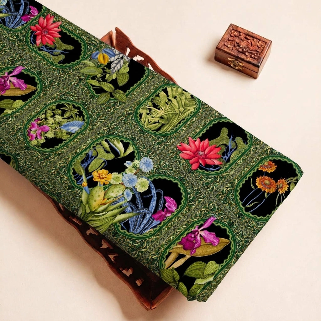 Folded Green Floral Crepe Fabric Highlighting and Texture