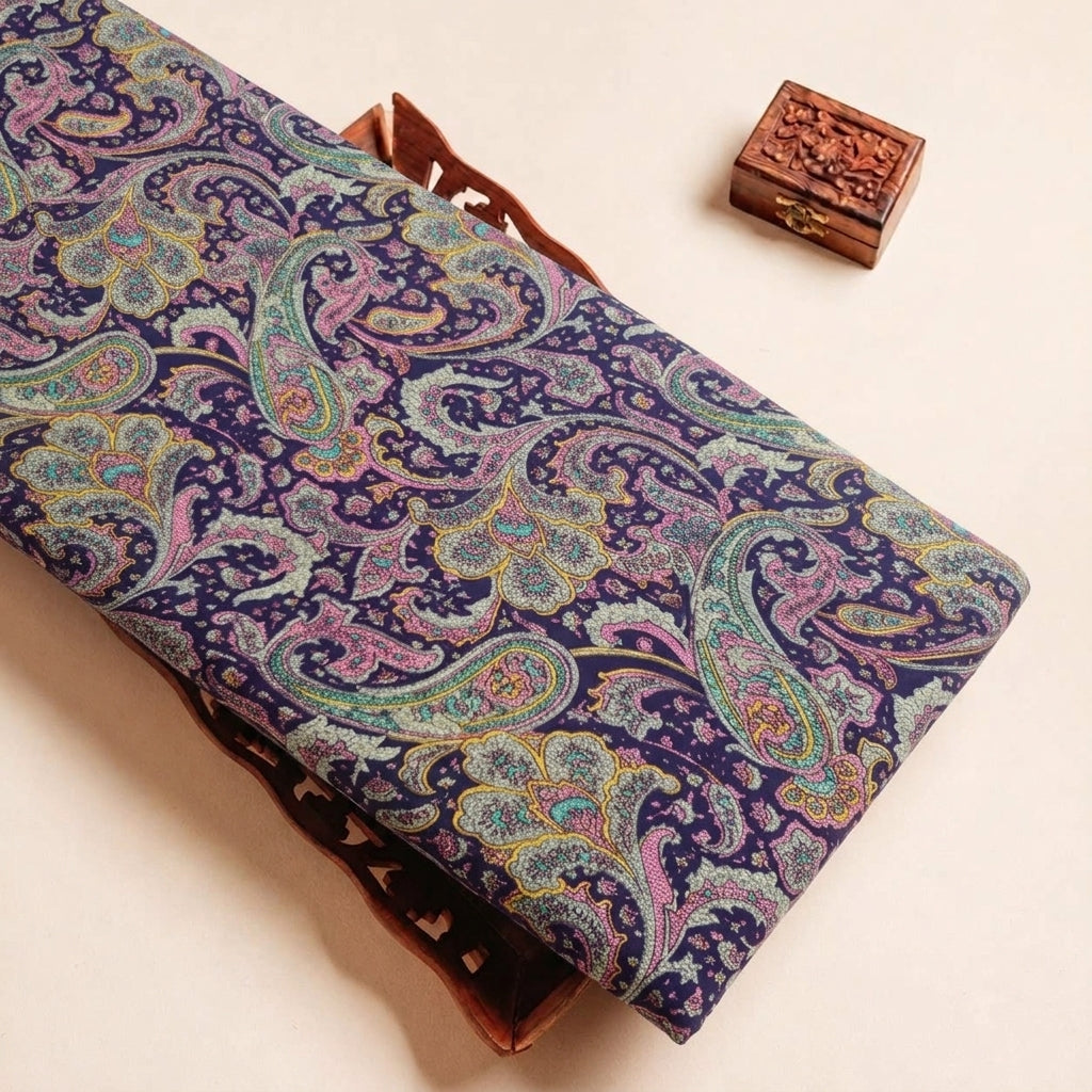 Folded Purple Paisley Crepe Fabric Highlighting and Texture
