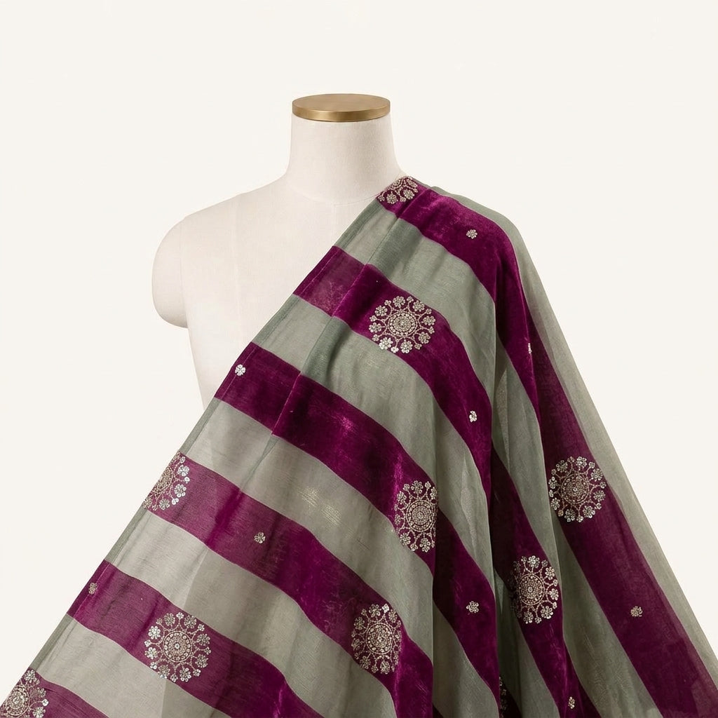 Embroidery Purple Embroidery Tissue Fabric Draped as a saree