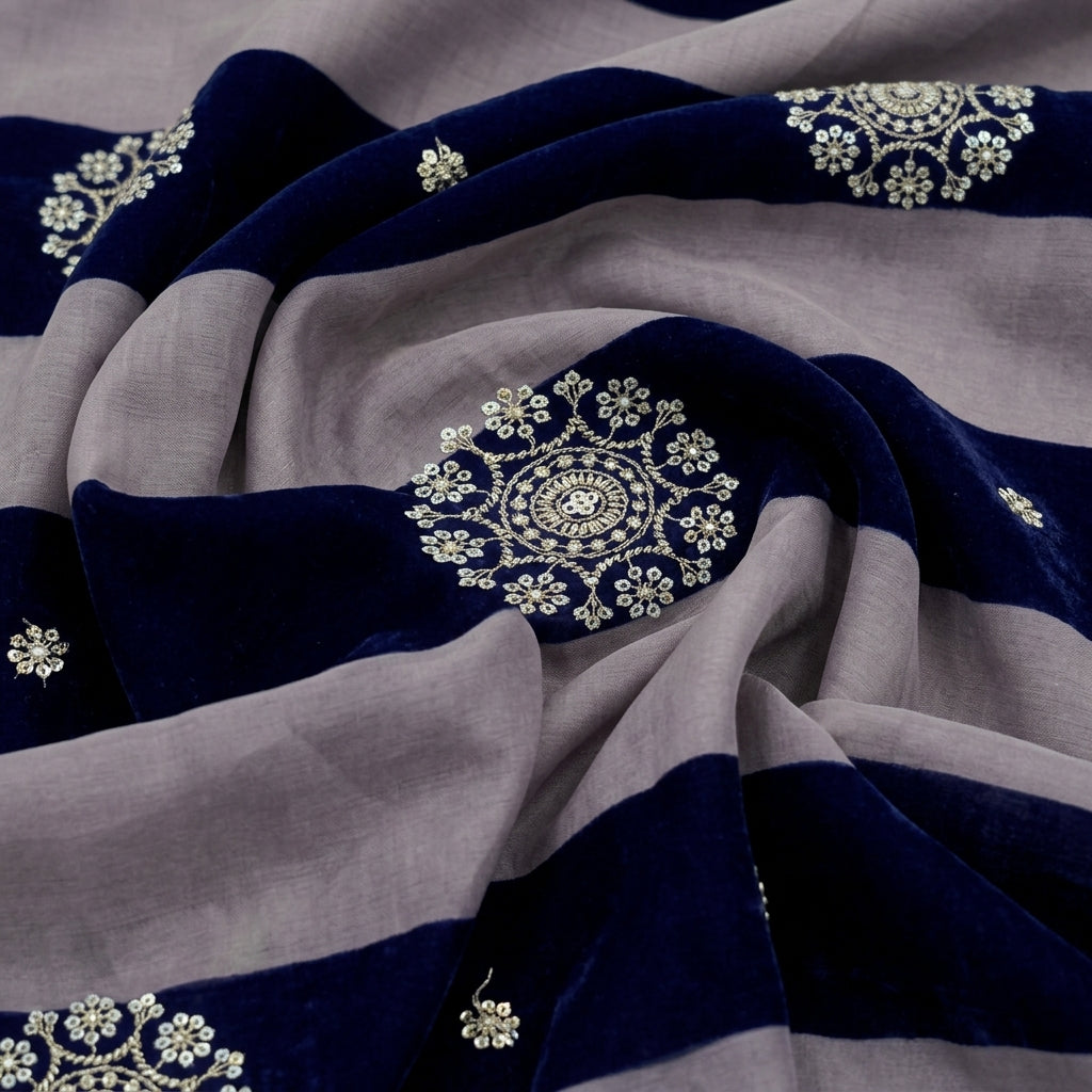 Swirled Embroidery Blue Embroidery Tissue Fabric