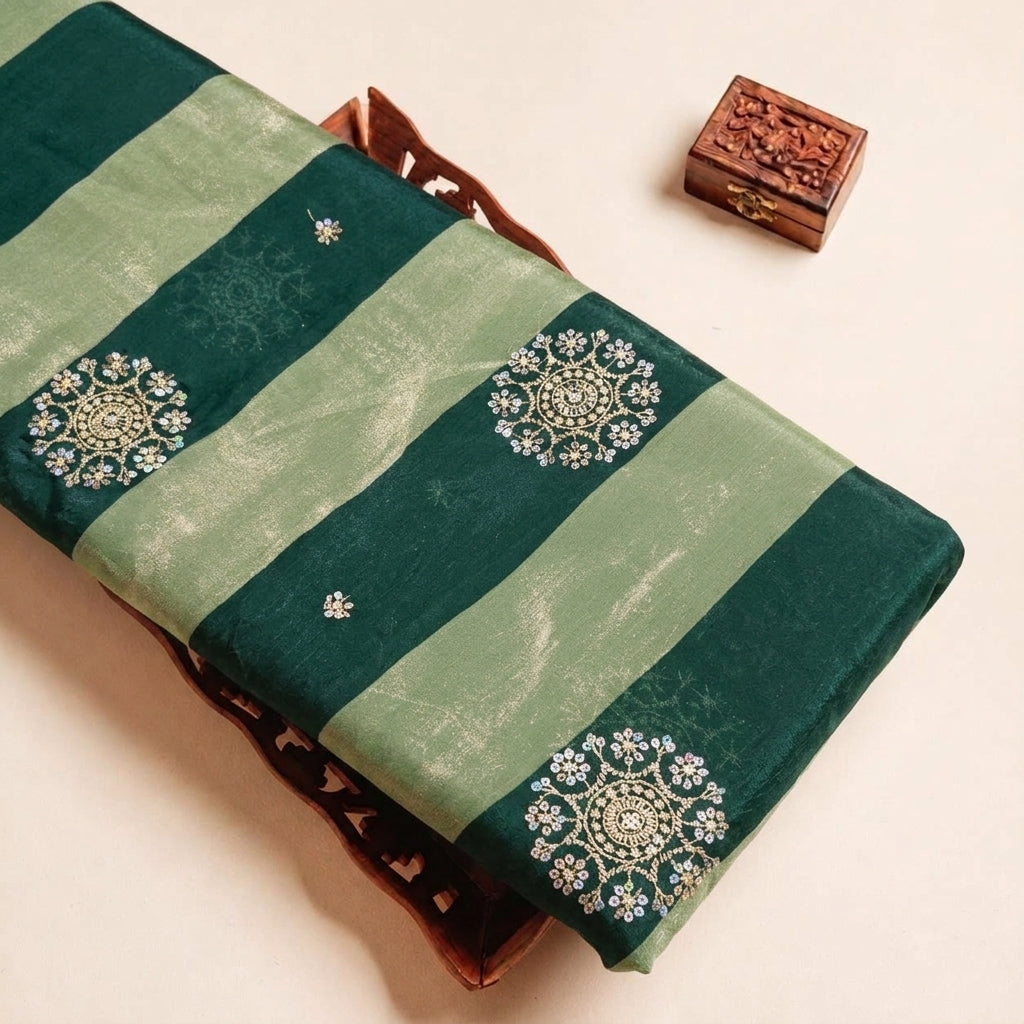 Folded Green Embroidery Tissue Fabric Highlighting Stone Stripes and Texture