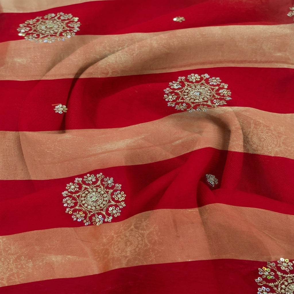 Swirled Embroidery Red Embroidery Tissue Fabric