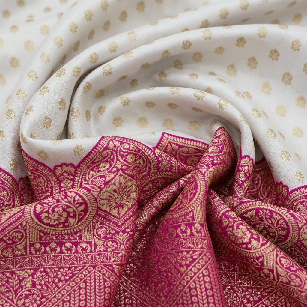 Swirled Zari Border Cream Zari Border Semi Banaras Fabric