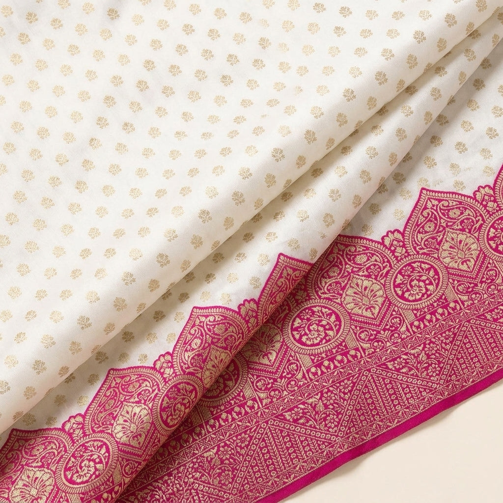 Folded Zari Border Cream Zari Border Semi Banaras Fabric