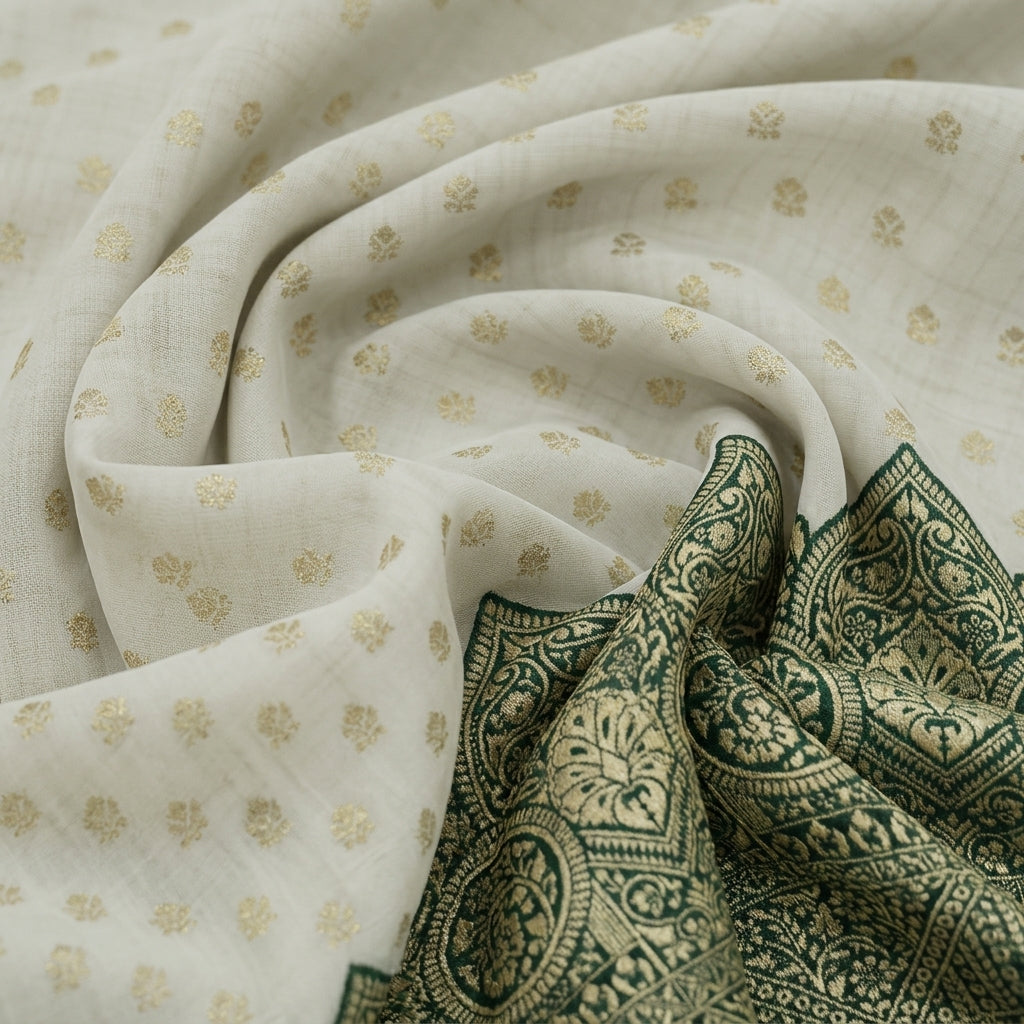 Swirled Zari Border Cream Zari Border Semi Banaras Fabric