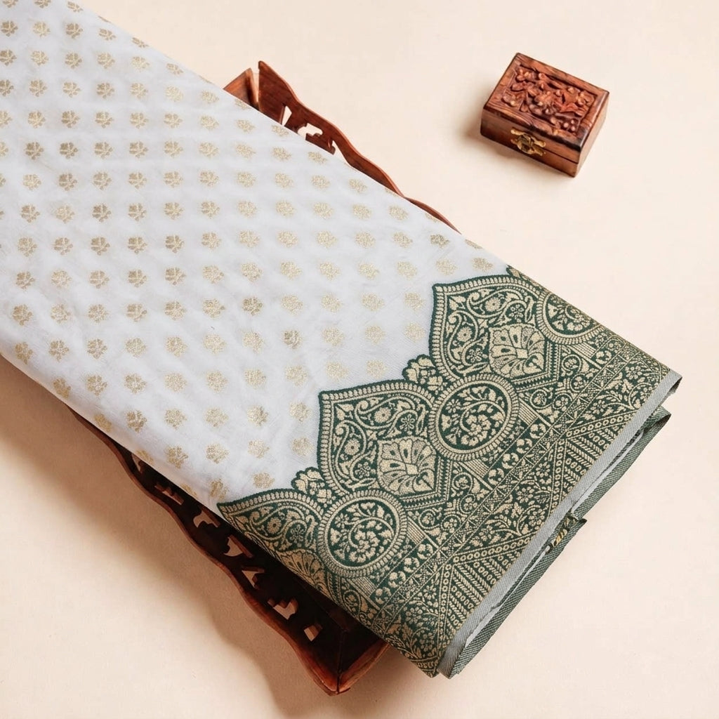 Folded Cream Zari Border Semi Banaras Fabric Highlighting Border and Texture