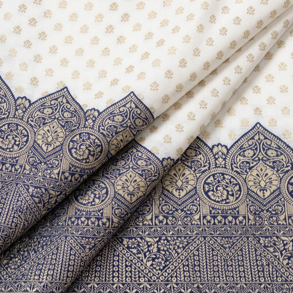 Folded Zari Border Cream Zari Border Semi Banaras Fabric