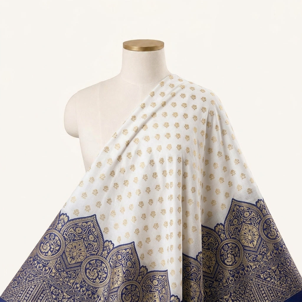 Zari Border Cream Zari Border Semi Banaras Fabric Draped as a saree