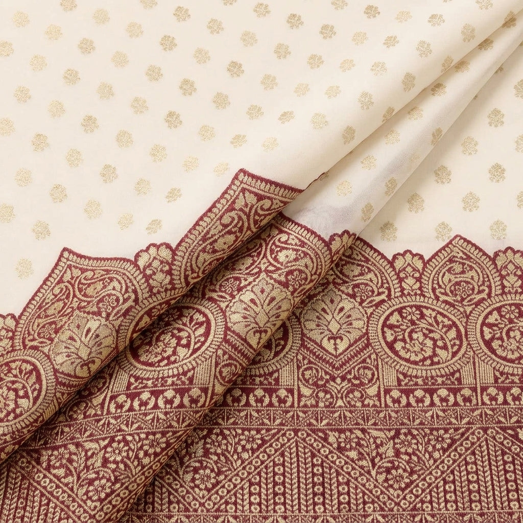 Folded Zari Border Cream Zari Border Semi Banaras Fabric