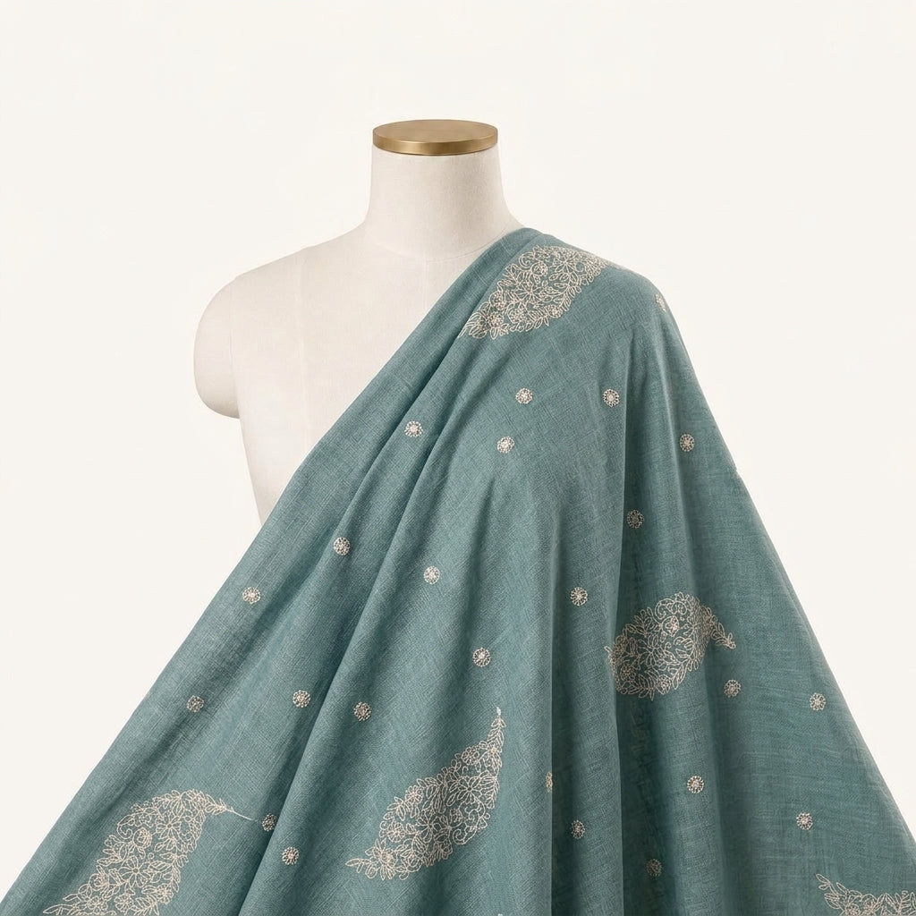 Embroidery Green Embroidery Linen Fabric Draped as a saree