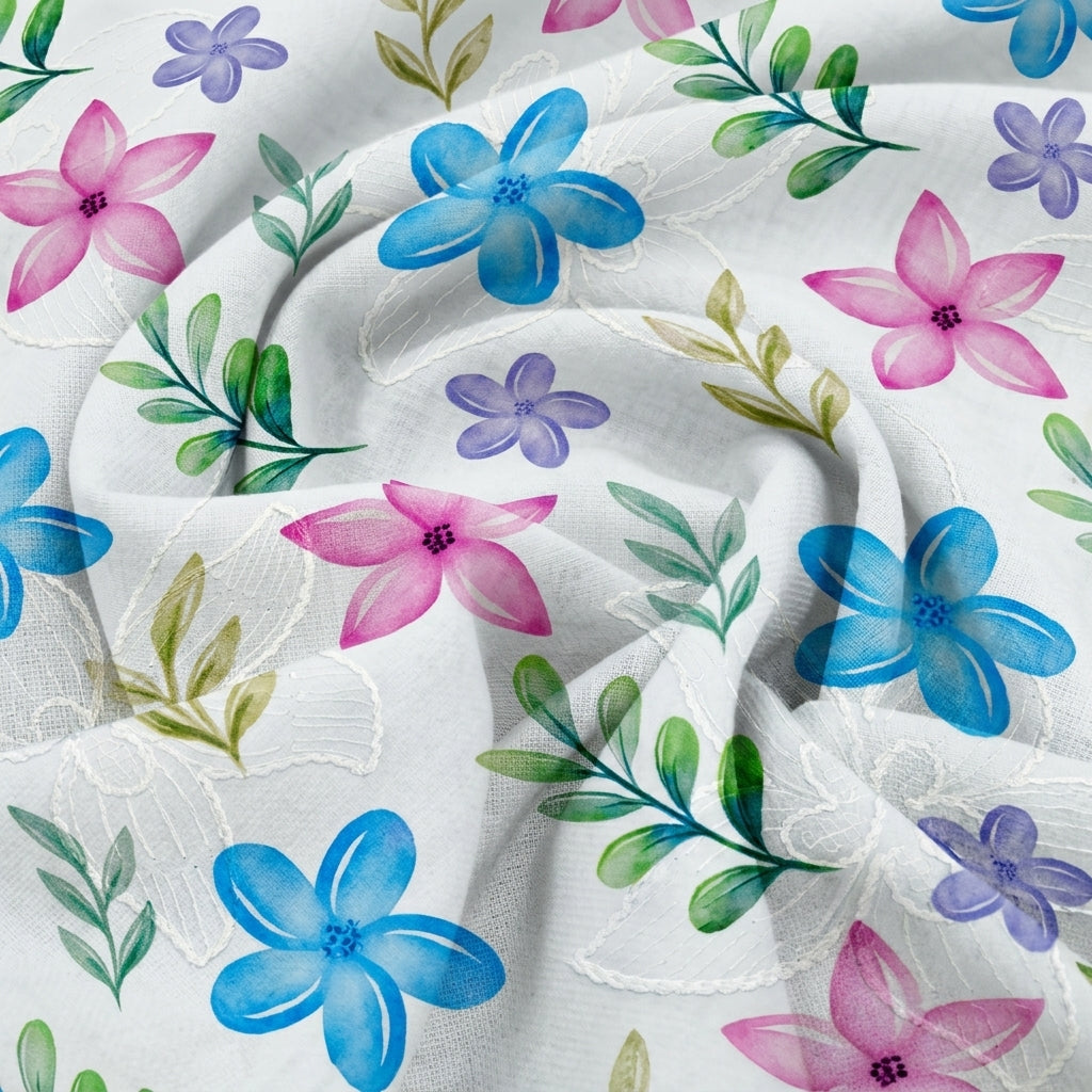 Swirled Embroidery White Embroidery Cotton Fabric
