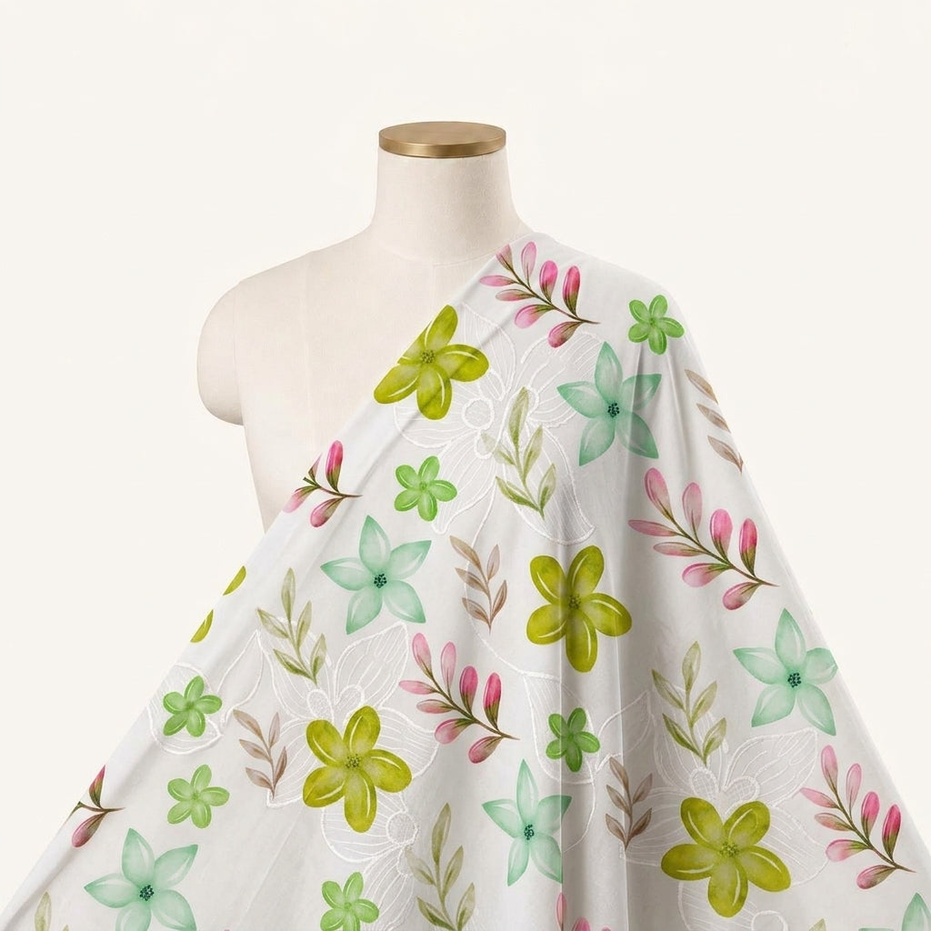 Embroidery White Embroidery Cotton Fabric Draped as a saree