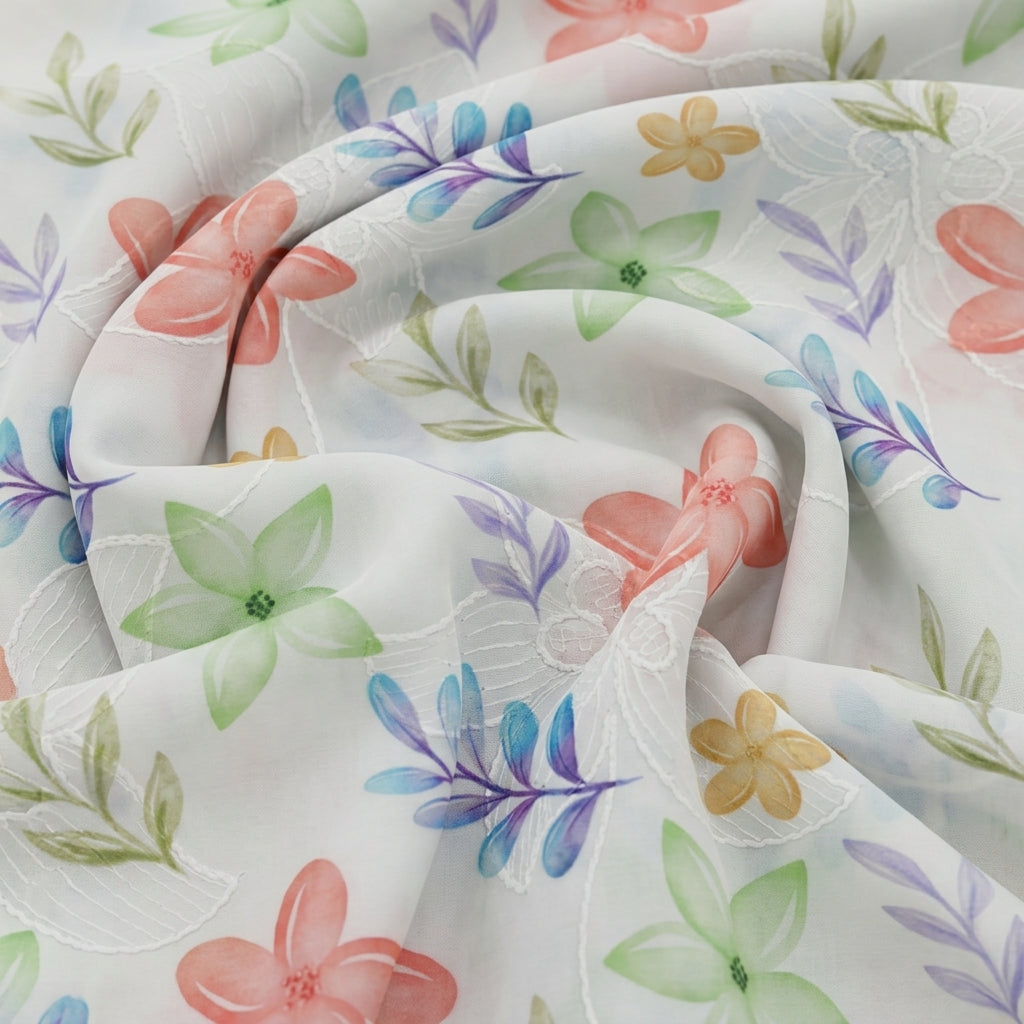 Swirled Embroidery White Embroidery Cotton Fabric