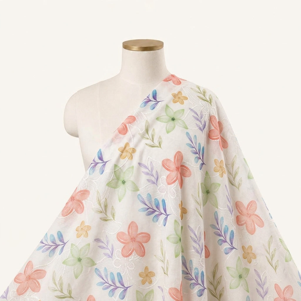 Embroidery White Embroidery Cotton Fabric Draped as a saree