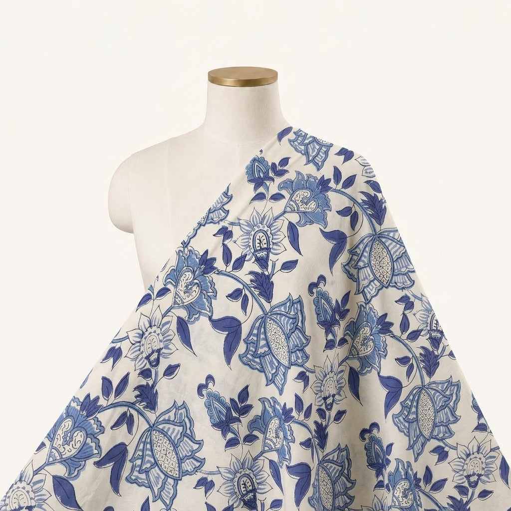 Floral White Floral Cotton Fabric Draped as a saree
