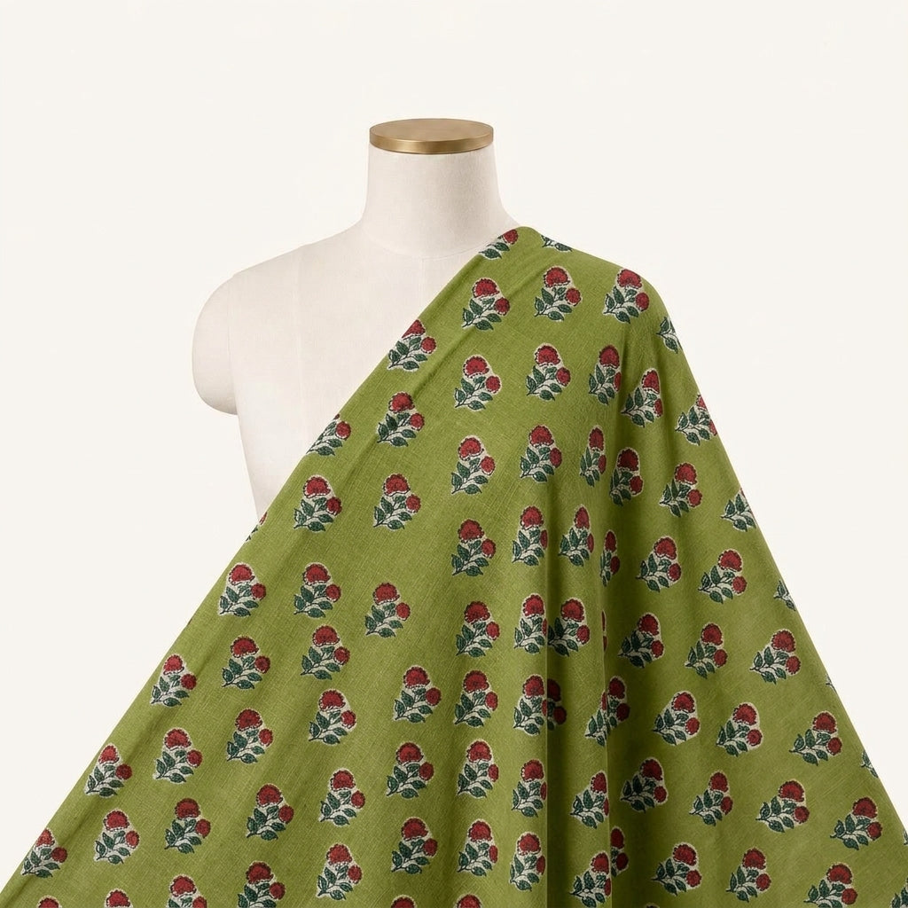 Floral Green Floral Cotton Fabric Draped as a saree