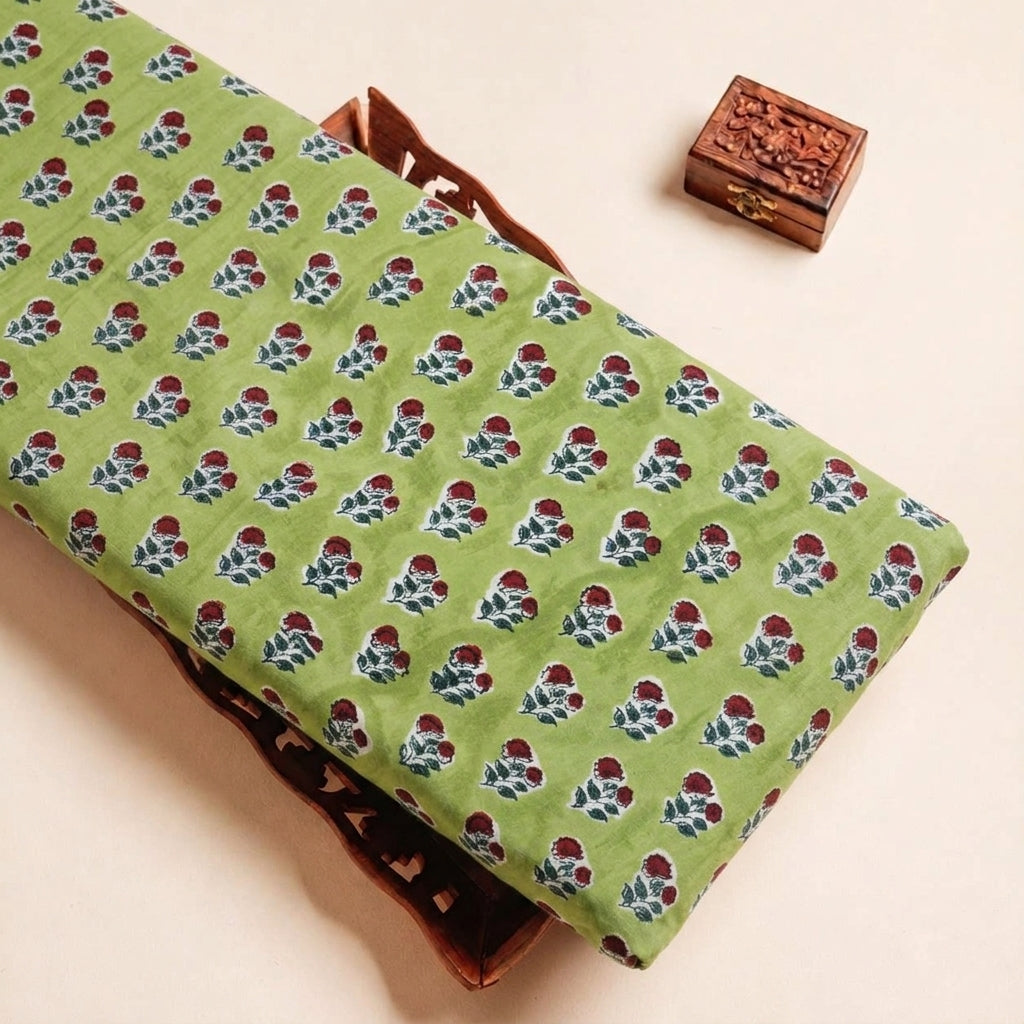 Folded Green Floral Cotton Fabric Highlighting and Texture
