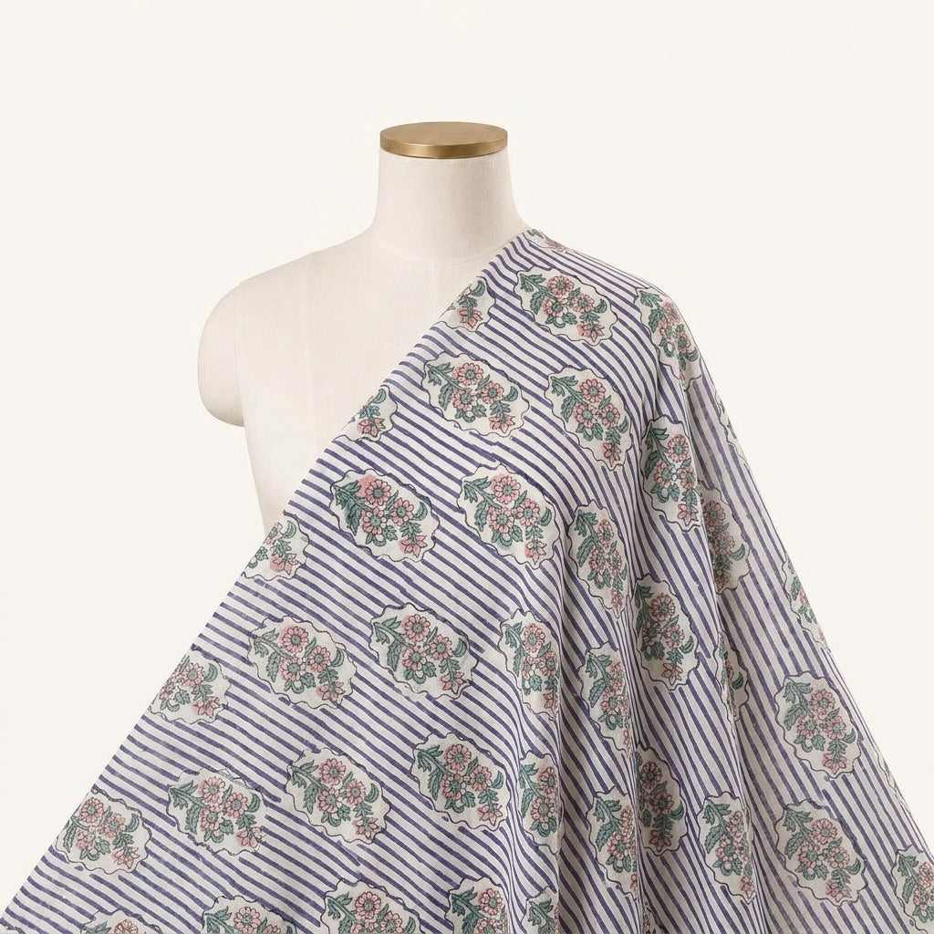 Floral White Floral Cotton Fabric Draped as a saree
