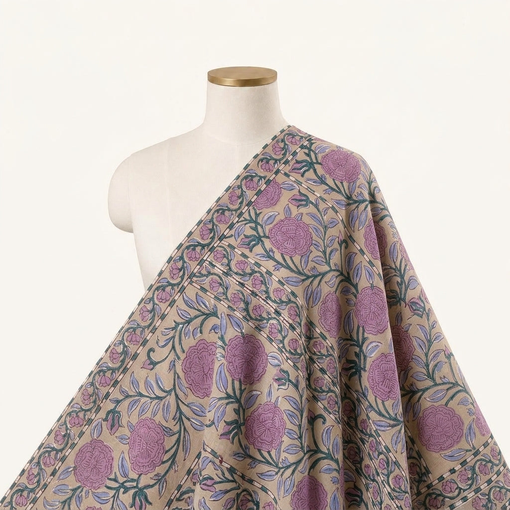 Floral Light Peach Floral Cotton Fabric Draped as a saree