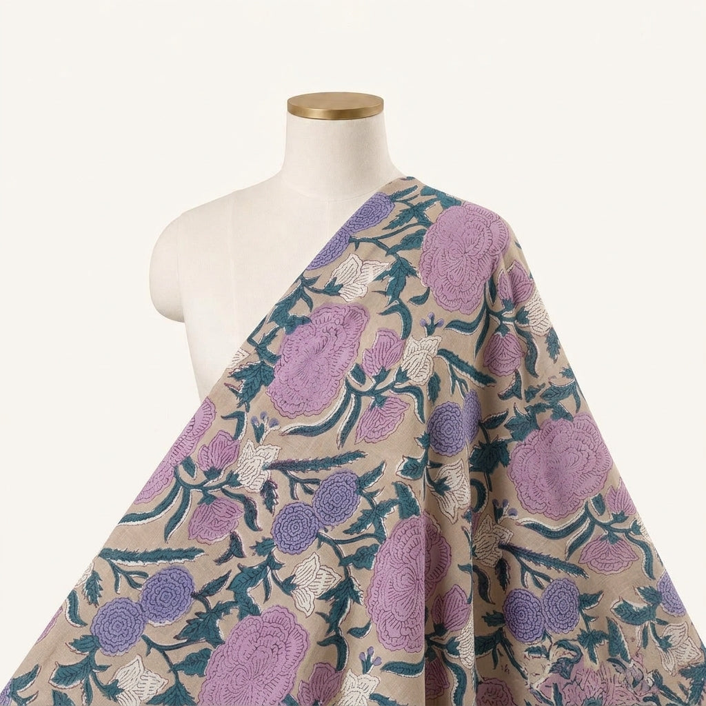 Floral Light Peach Floral Cotton Fabric Draped as a saree
