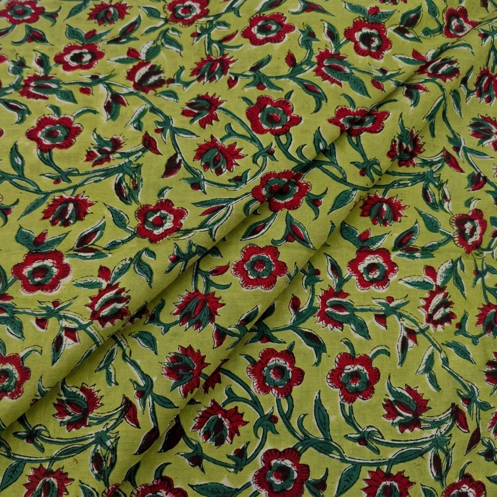 Folded Floral Green Floral Cotton Fabric