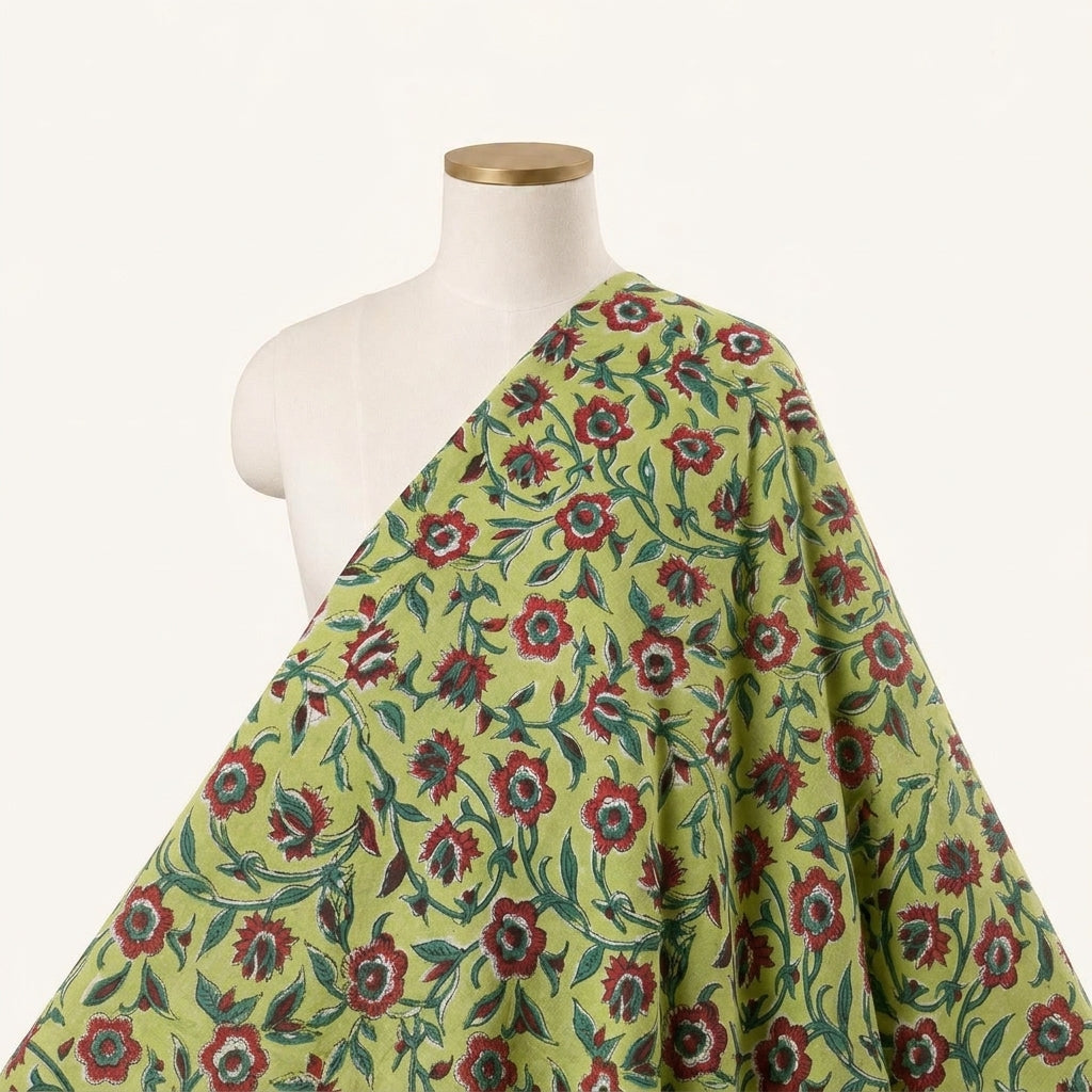 Floral Green Floral Cotton Fabric Draped as a saree