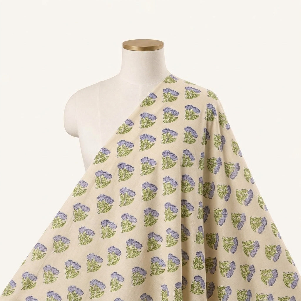 Floral Beige Floral Cotton Fabric Draped as a saree