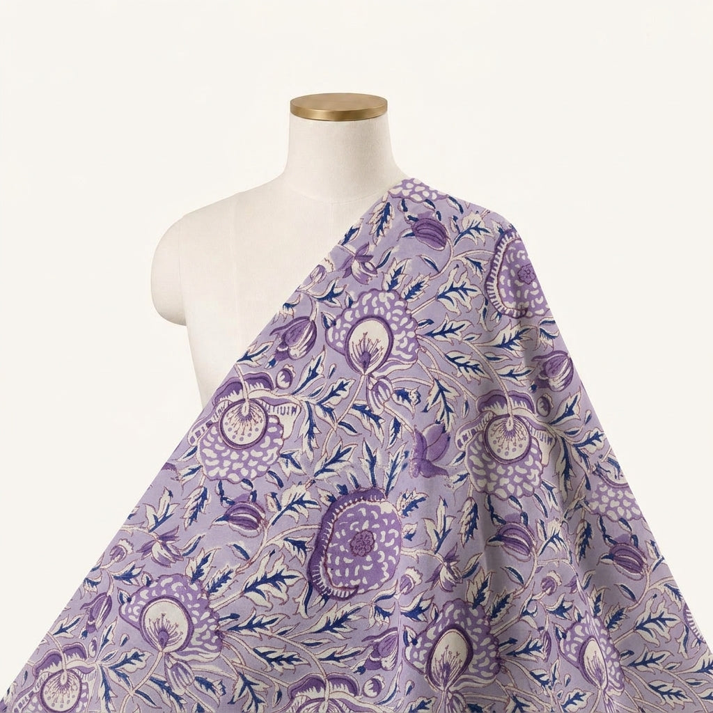 Floral Violet Floral Cotton Fabric Draped as a saree