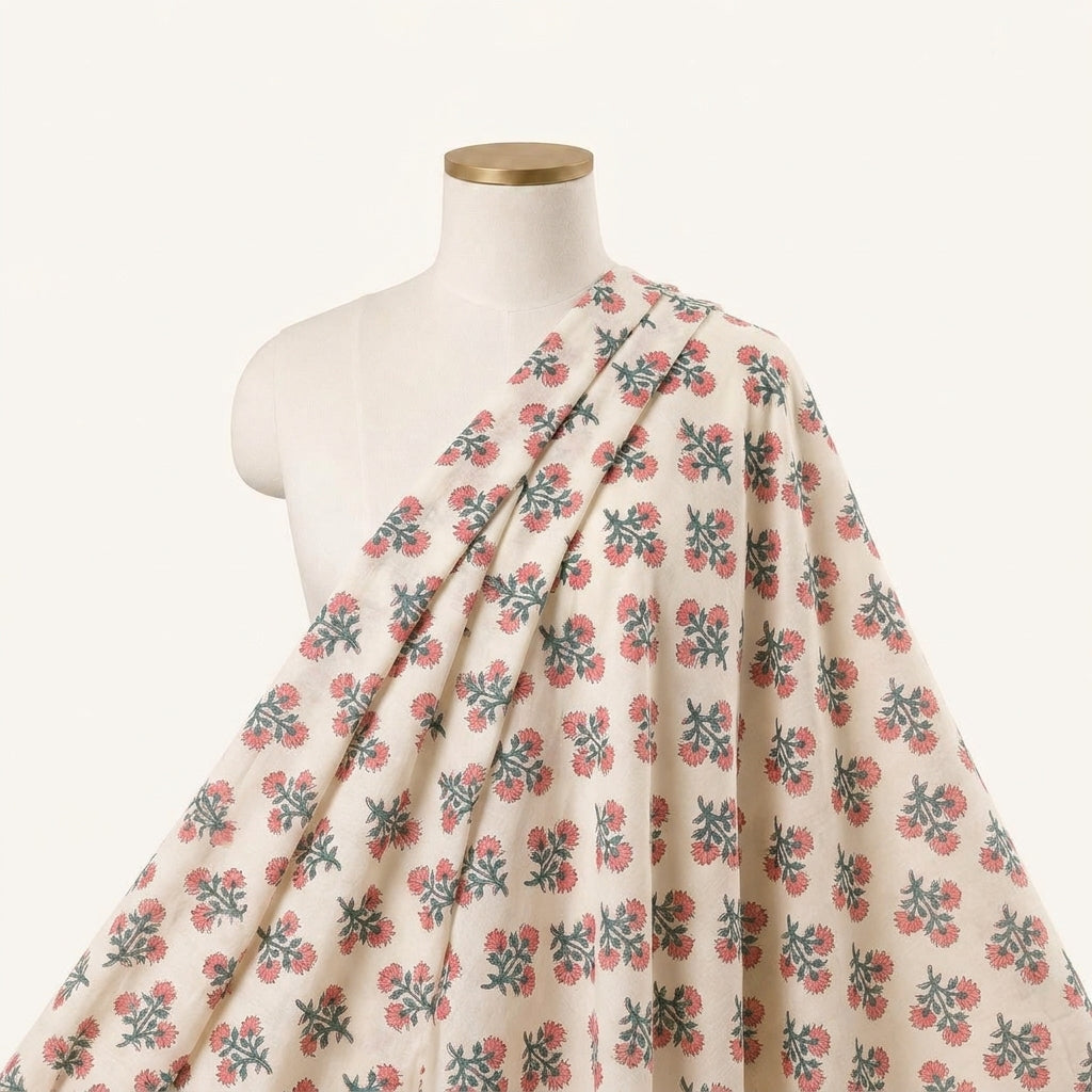 Floral Cream Floral Cotton Fabric Draped as a saree