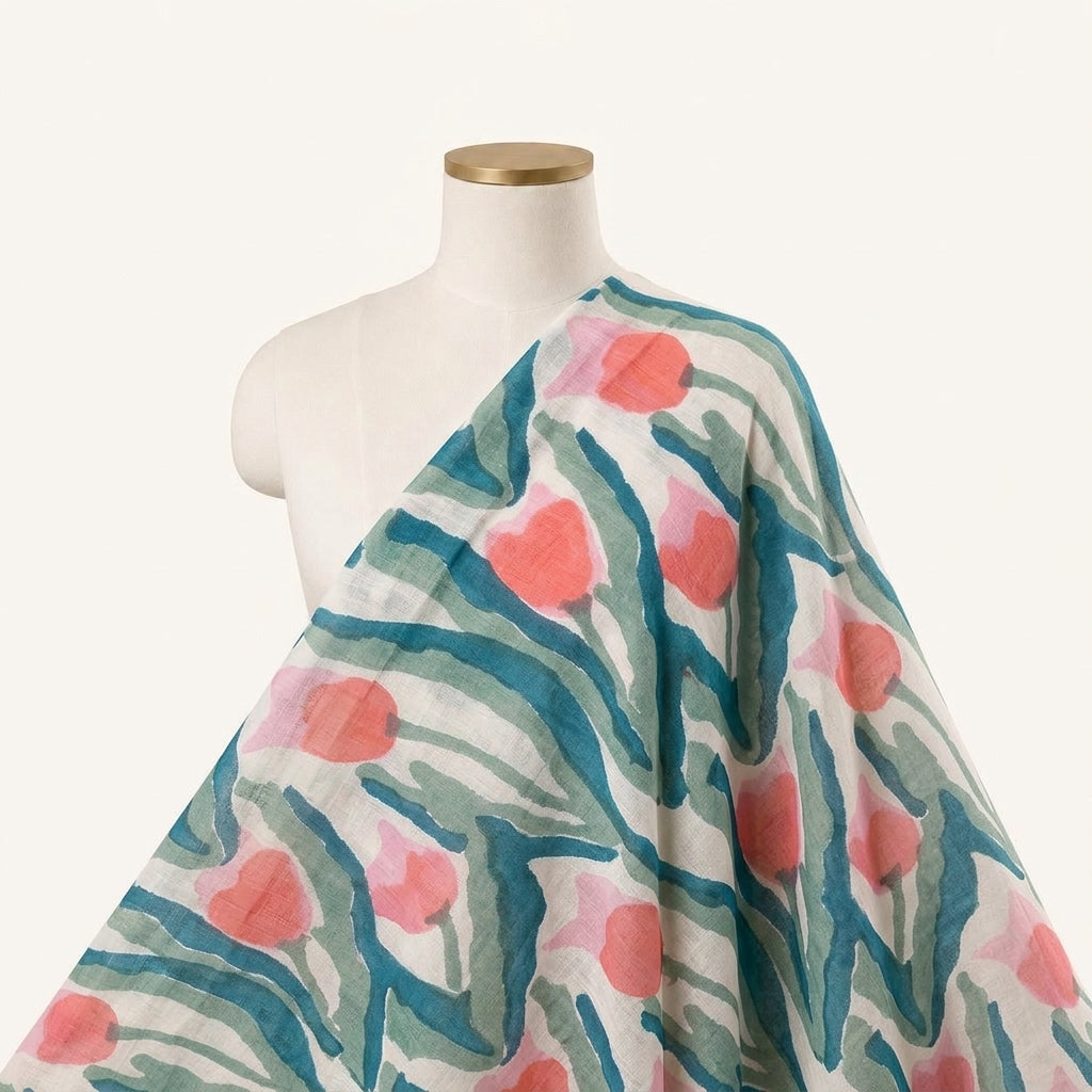 Floral Cream Floral Cotton Fabric Draped as a saree