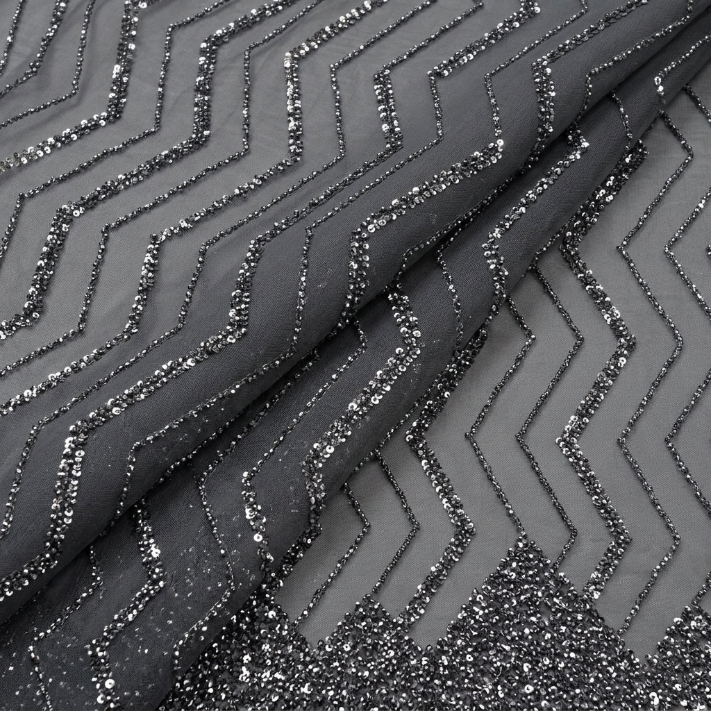 Folded Embroidery Black Embroidery Organza Fabric