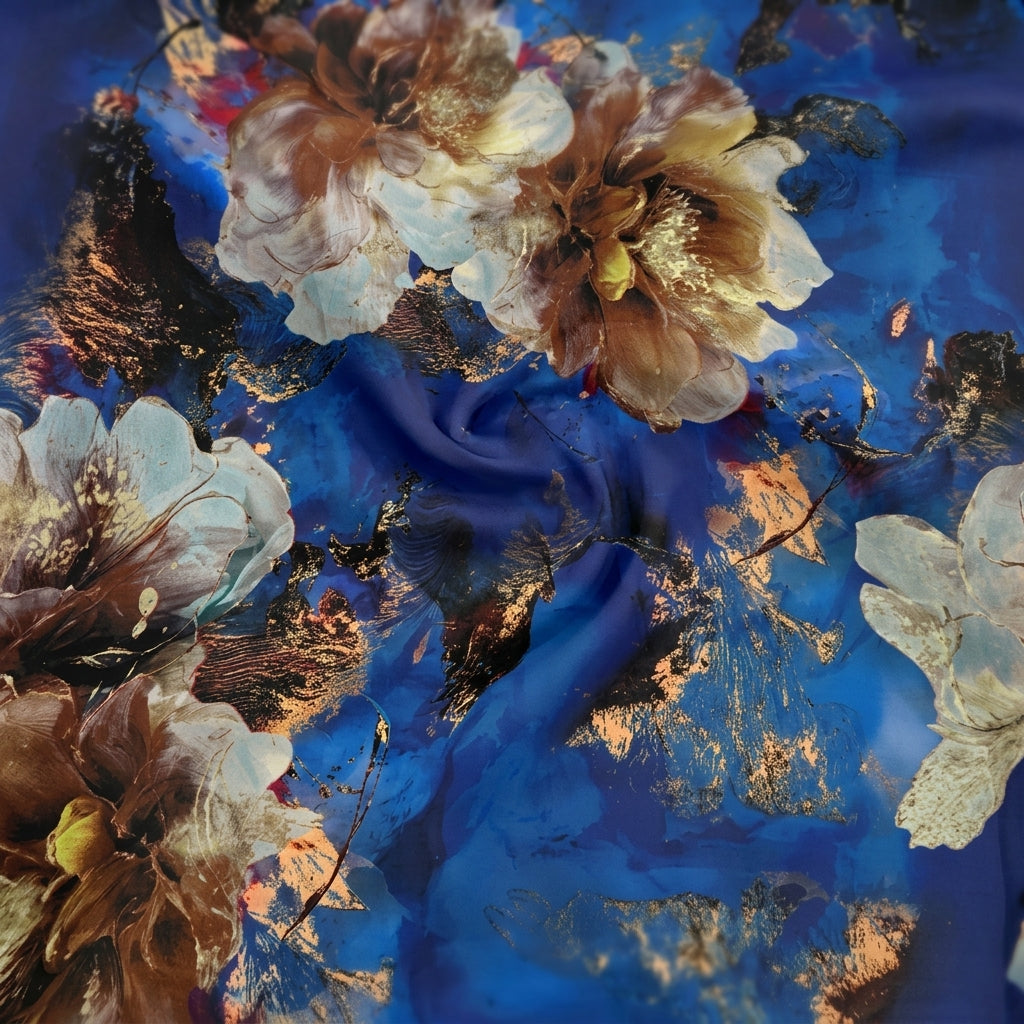 Swirled Floral Blue Floral Satin Fabric
