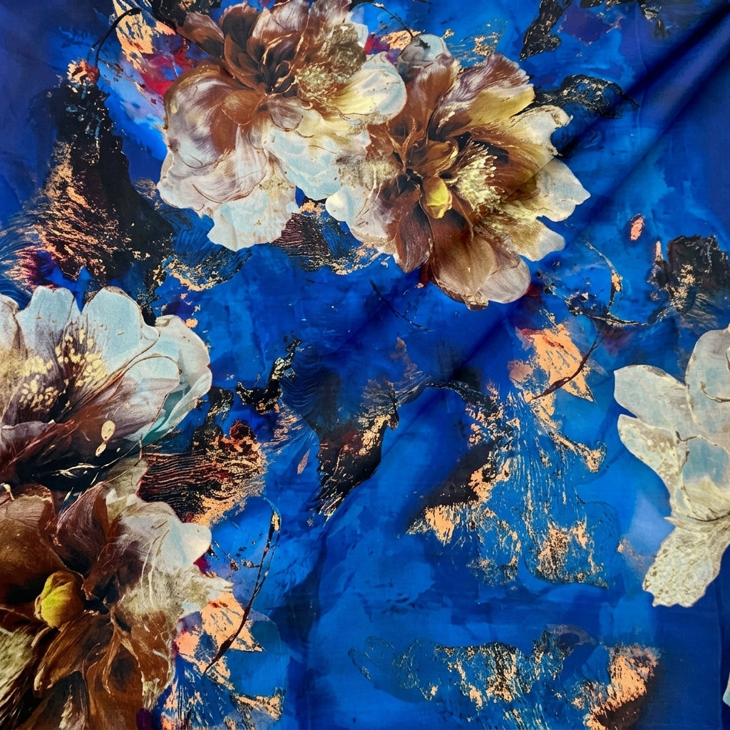 Folded Floral Blue Floral Satin Fabric