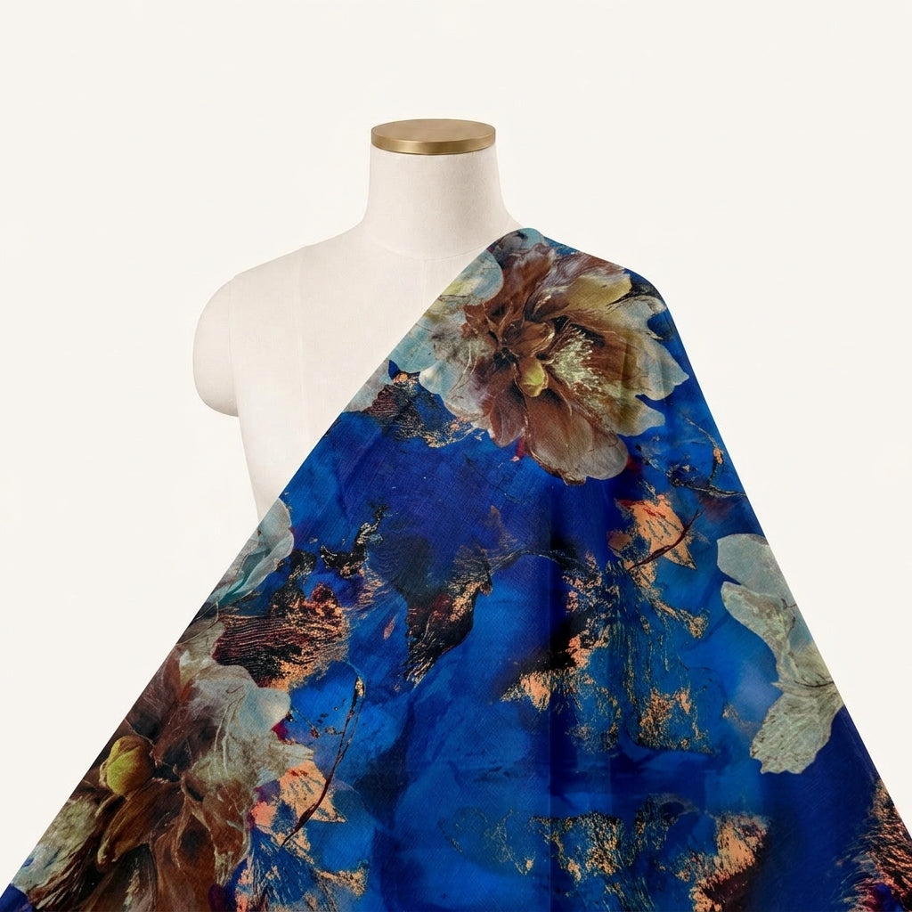 Floral Blue Floral Satin Fabric Draped as a saree