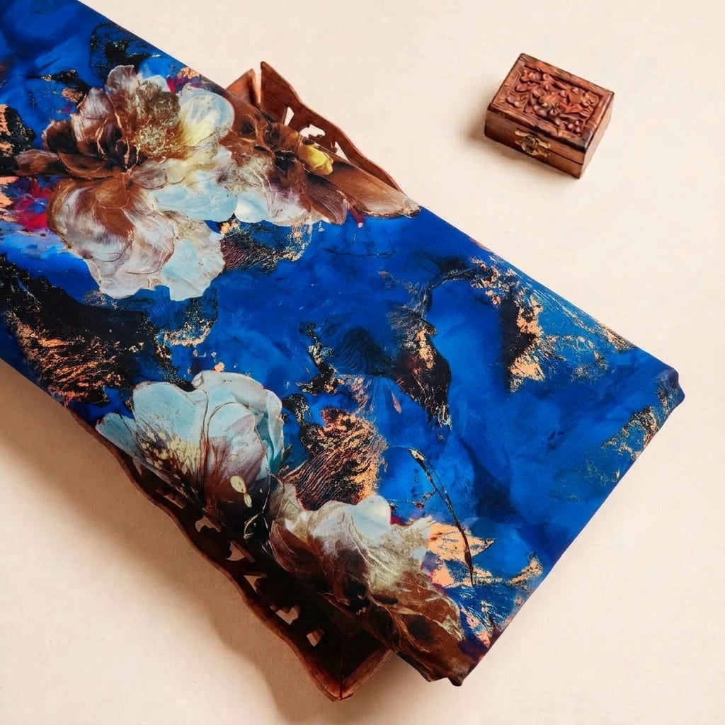 Blue Floral Satin Fabric - EB13629 - EB13629 - tray_4