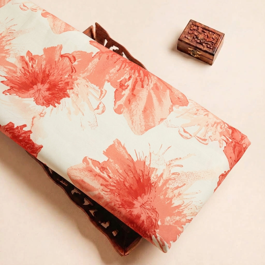 Folded Peach Floral Satin Fabric Highlighting Modal and Texture