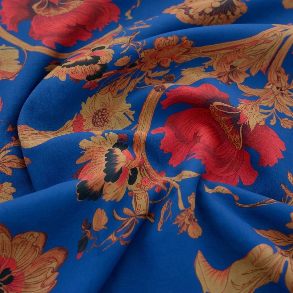Swirled Floral Blue Floral Satin Fabric