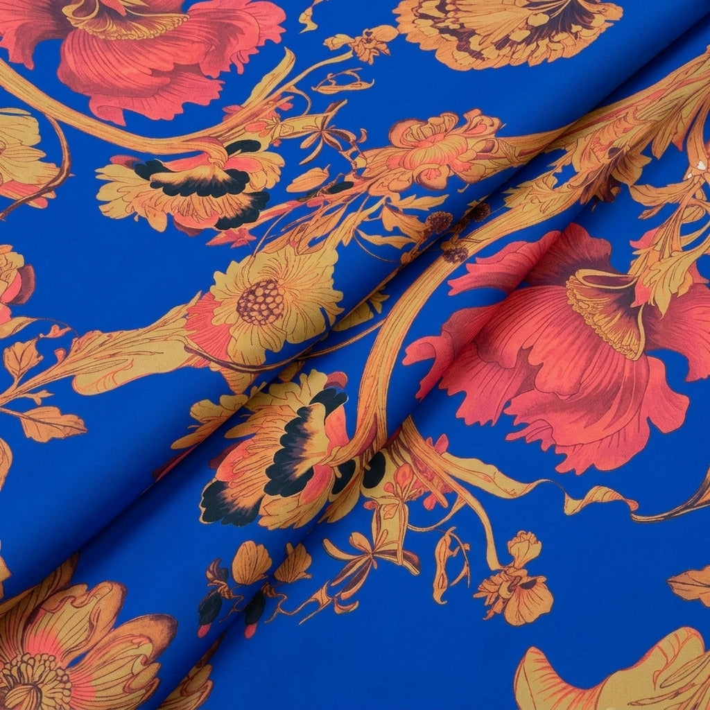 Folded Floral Blue Floral Satin Fabric