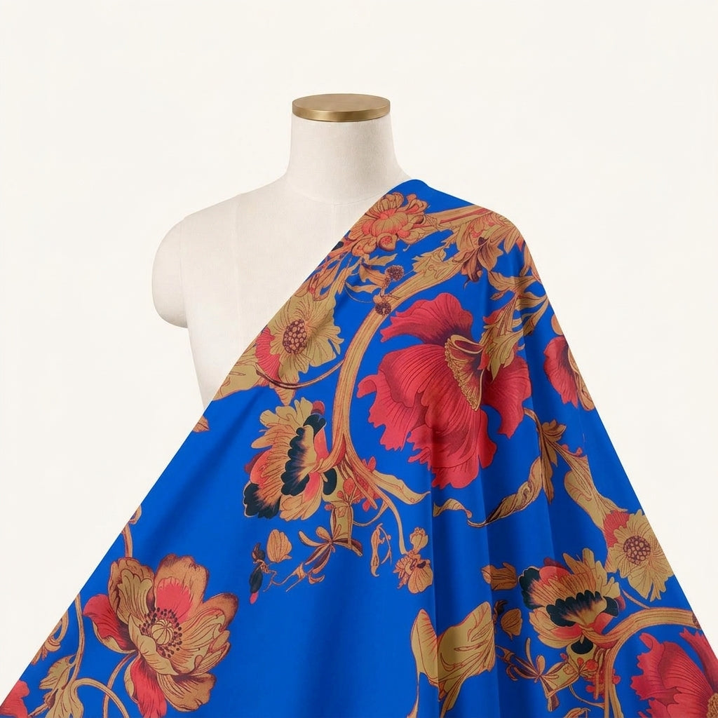 Floral Blue Floral Satin Fabric Draped as a saree