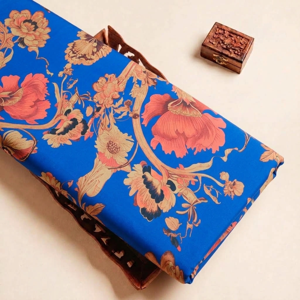 Folded Blue Floral Satin Fabric Highlighting Modal and Texture