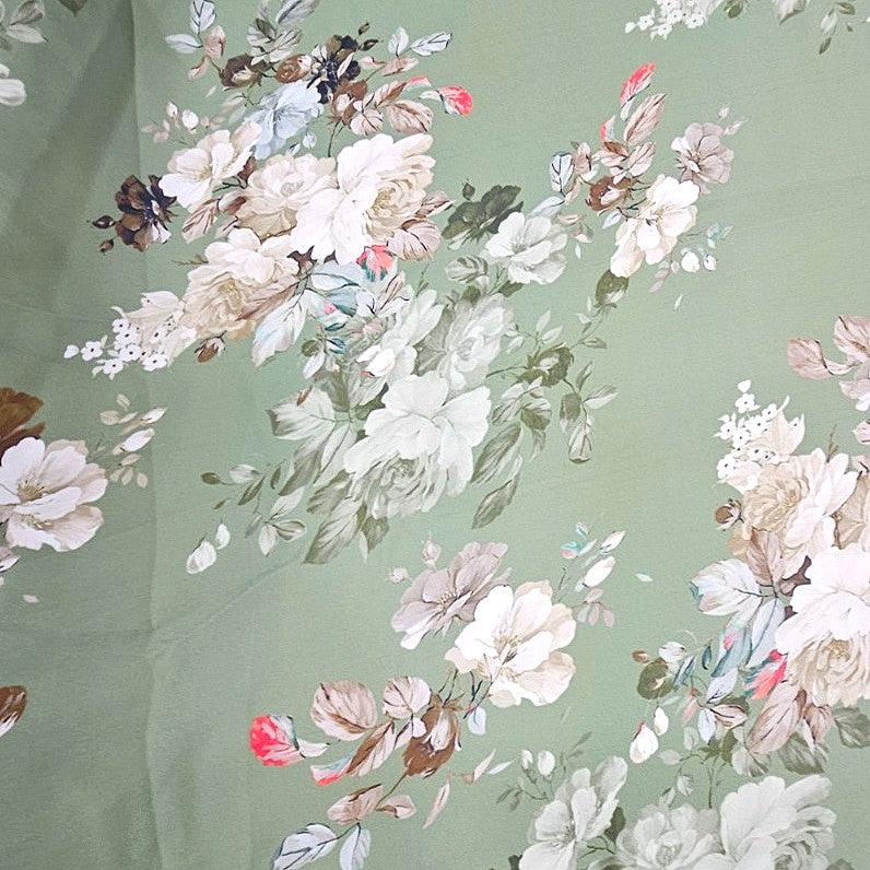 Green Floral Satin Fabric - EB13634 - EB13634 - Flat fabric