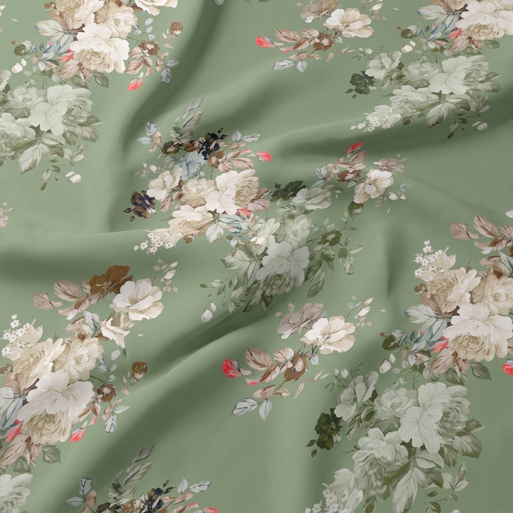 Swirled Floral Green Floral Satin Fabric