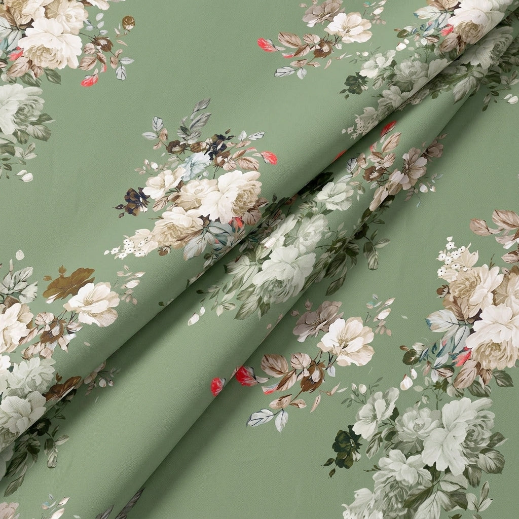 Folded Floral Green Floral Satin Fabric