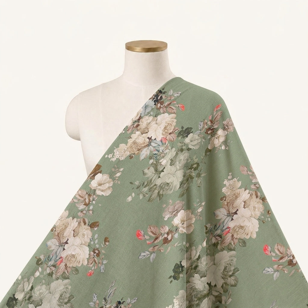 Floral Green Floral Satin Fabric Draped as a saree