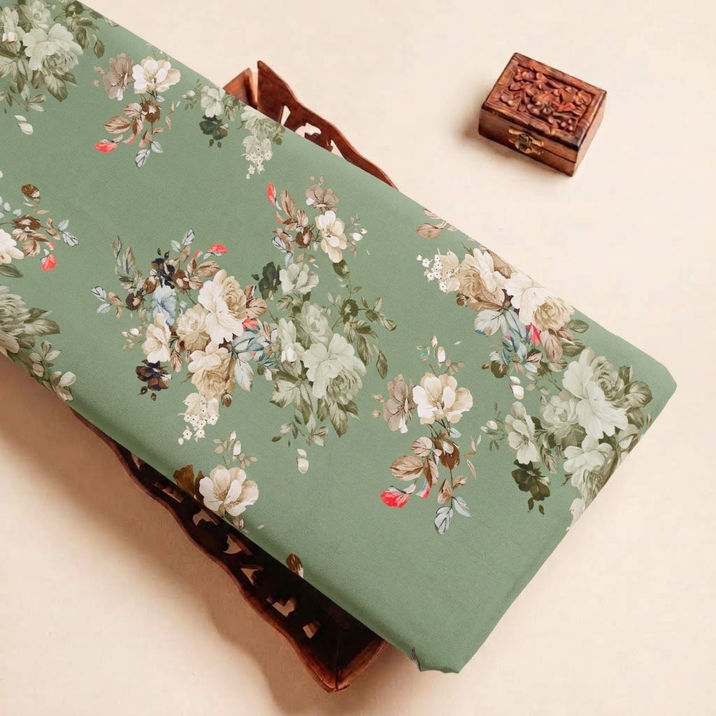 Folded Green Floral Satin Fabric Highlighting Modal and Texture
