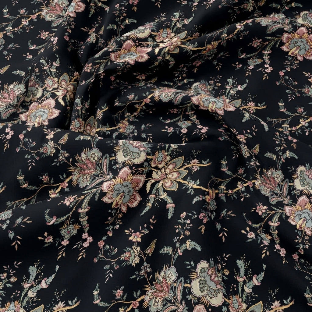 Swirled Floral Black Floral Satin Fabric