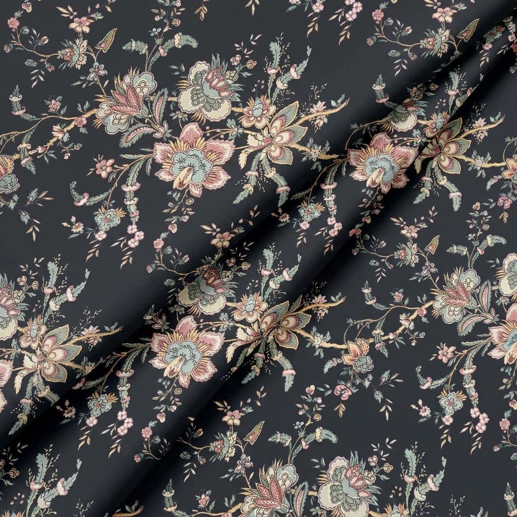 Folded Floral Black Floral Satin Fabric