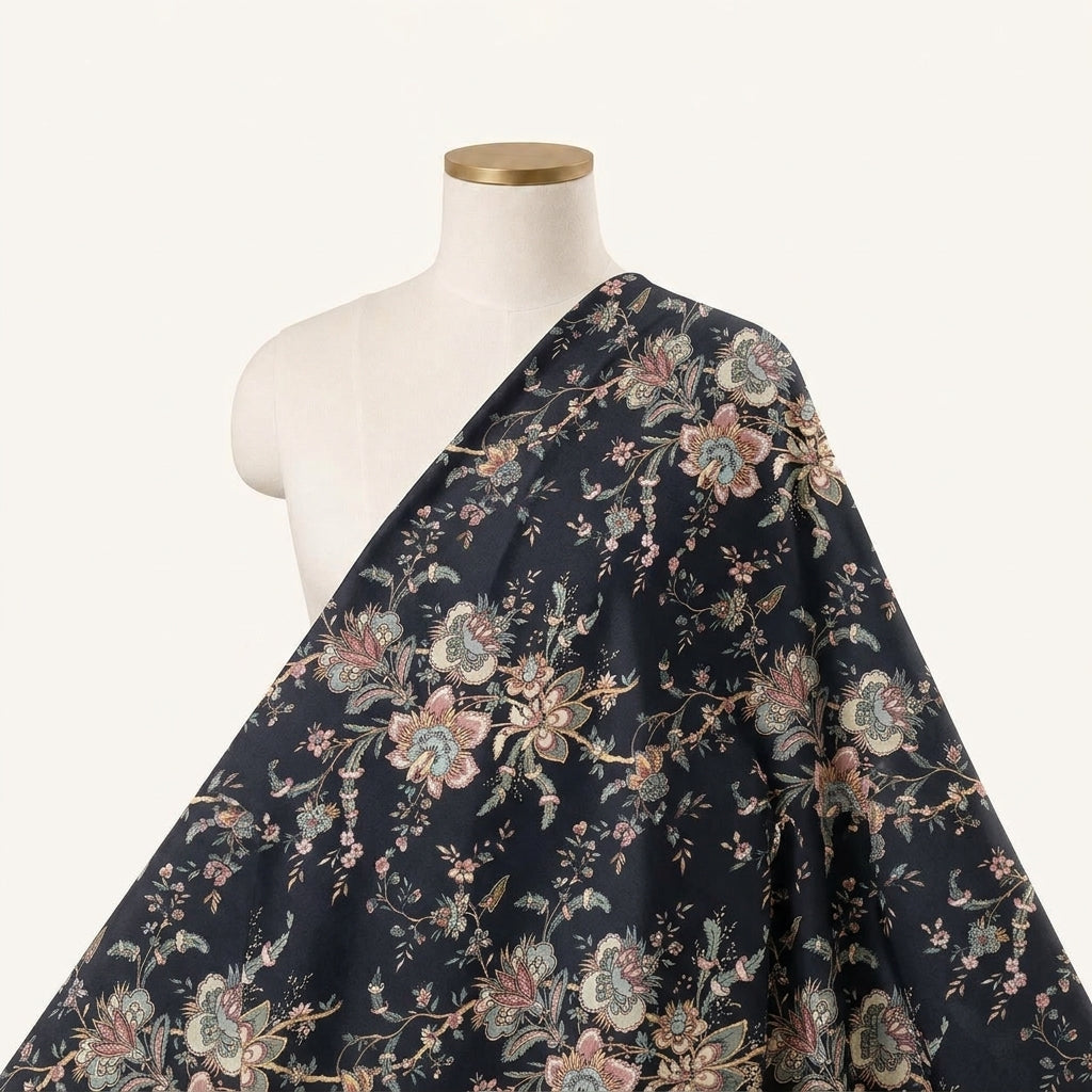 Floral Black Floral Satin Fabric Draped as a saree