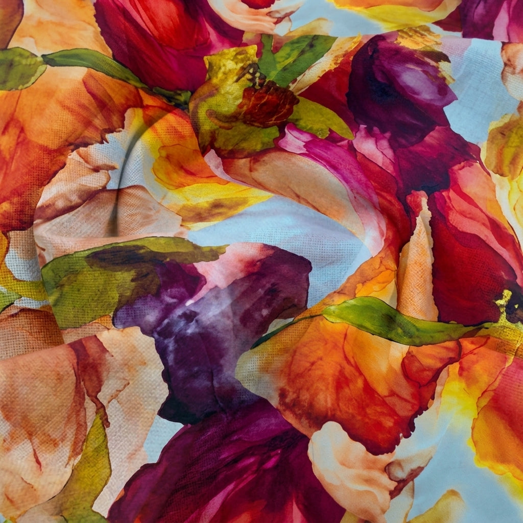 Swirled Floral White Floral Satin Fabric
